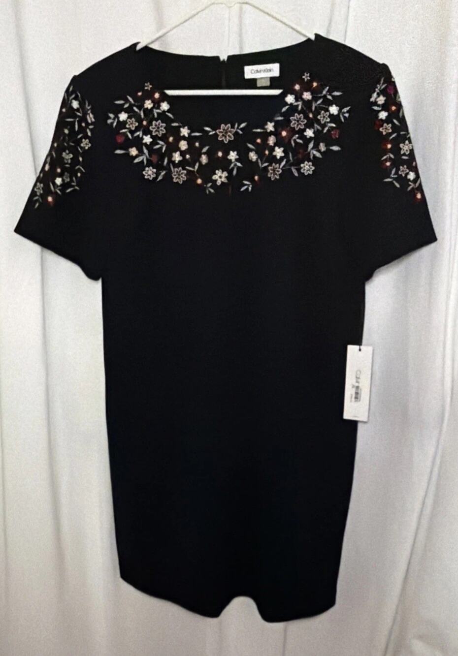 New! Calvin Klein Embroidered Black Sheath Dress Size 14